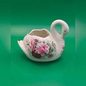 Elegant Floral Swan Vase Vtg 80s Swan Succulent Planter or Brush Holder Victoria